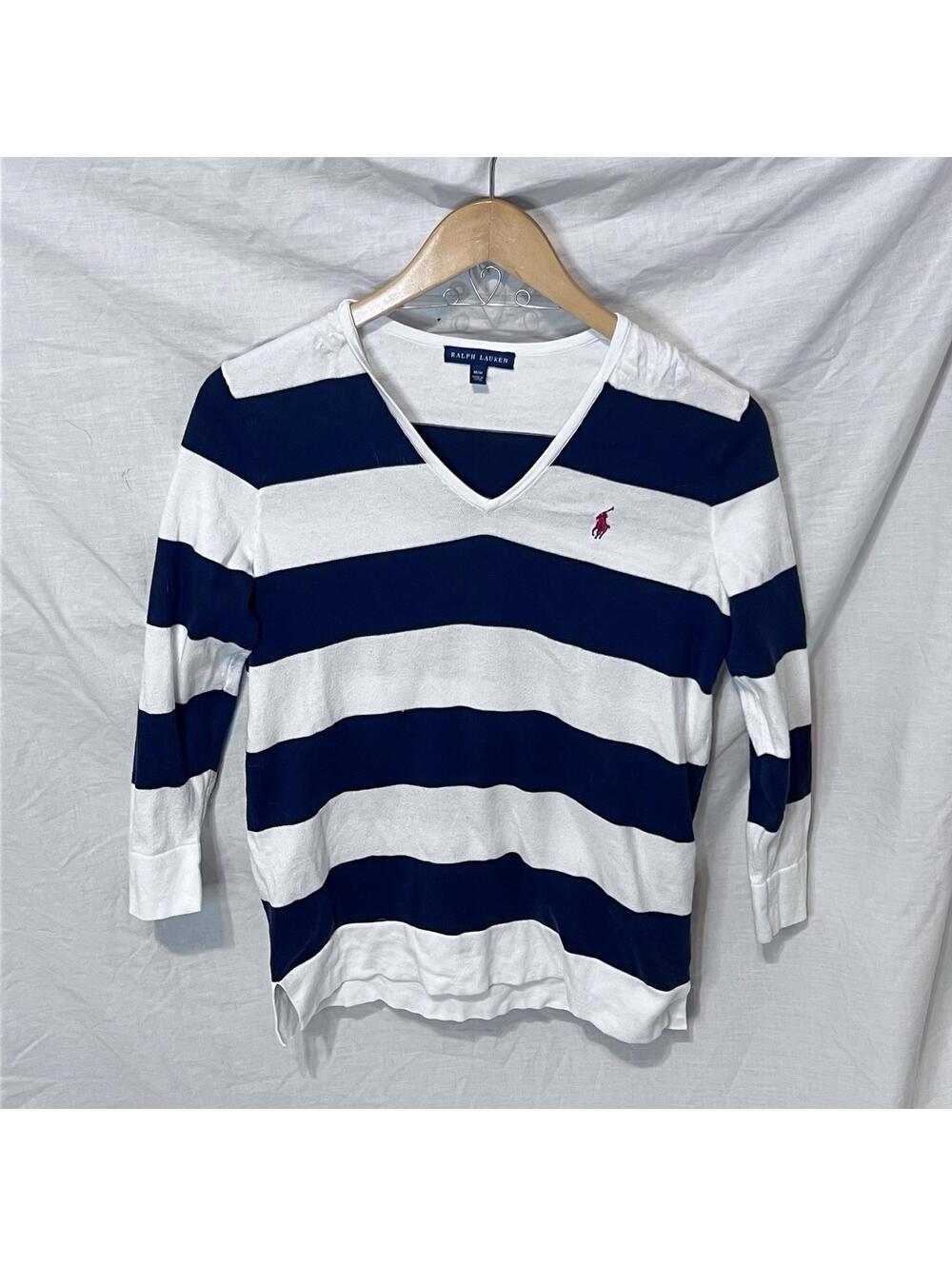 Ralph Lauren Nautical V Neck Striped Sweater Sz M Blue White 100% Cotton Preppu